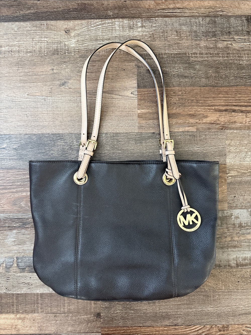 Michael Kors Dark Brown Leather Tote with Beige Shoulder Straps